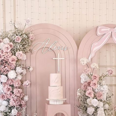 Baptism Theme Ideas Girl, Baptism Girl Theme, Coquette Baptism, Pink Baptism Decorations, Christening Themes Girl, Baptism And First Birthday Girl, Girl Baptism Theme, Baby Girl Baptism Decorations, Baptism Theme Ideas