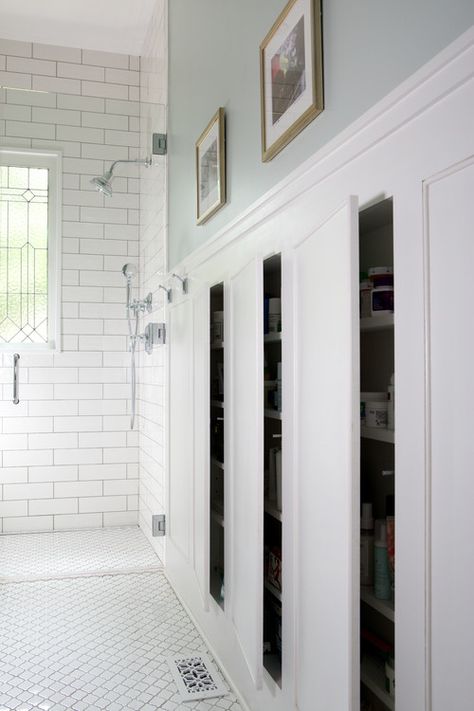 Hidden Small Bathroom Storage, Inexpensive Bathroom Ideas, Between Studs Bathroom Storage, Wainscoting Hidden Storage, Corner Storage Bathroom, Small Bathroom No Storage, Recessed Bathroom Storage, Between The Studs Storage Bathroom, Hidden Bathroom Storage