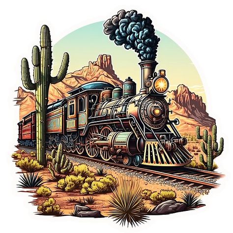 Train Tattoo, Desert Drawing, Desert Tattoo, Train Drawing, Dream Catcher Art, Western Artwork, Western Tattoos, Traditional Tattoo Sleeve, Western Comics