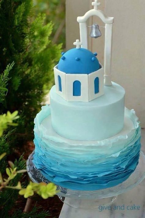 Greek themed cake Greek Themed Cake, Greek Wedding Cake, Santorini Party, Greek Party Theme, Greece Party, Mediterranean Party, Navy Blue Wedding Cakes, Greek Cake, Sports Themed Cakes