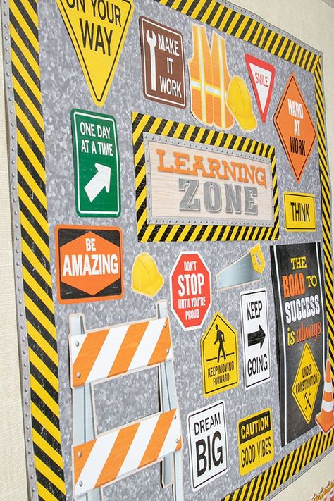 Transportation Theme Classroom Decor, Construction Door Decorations, Safety Board Ideas For Work, Safety Boards For Work Ideas, Safety Bulletin Board Ideas, Construction Bulletin Board, Workplace Safety Bulletin Boards, Safety Bulletin Board, Building Preschool