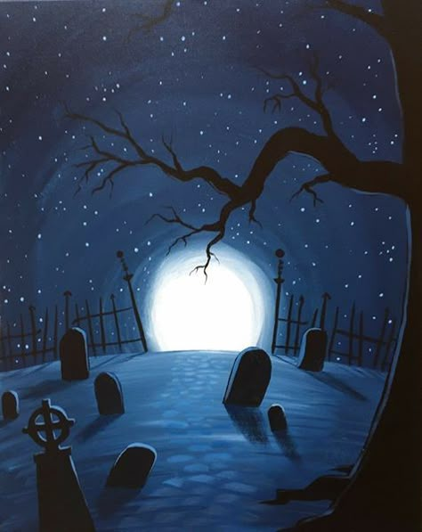 Halloween Rocks, Paint Nite, Halloween Artwork, Halloween Painting, Halloween Drawings, Halloween Images, Paint And Sip, Night Painting, Ideas Halloween