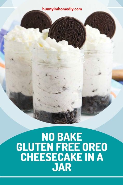 When it comes to finding delicious no bake desserts, cheesecake is a great option! And thanks to the invention of gluten free Oreos, you can enjoy a delicious dessert without the gluten! This simple recipe for no bake gluten free Oreo cheesecake in a jar is sure to satisfy your sweet tooth. That makes it the perfect gluten free dessert for just about any occasion. Oreo Cheesecake Jars, Gluten Free Cheesecake Cups, Cheesecake Bites Gluten Free, Gluten Free Mason Jar Desserts, Gluten Free Cheesecake In A Jar, Gluten Free Mini Dessert Cups, Gluten Free Dessert Shooters, Gluten Free Parfait Desserts, No Bake Desserts Gluten Free