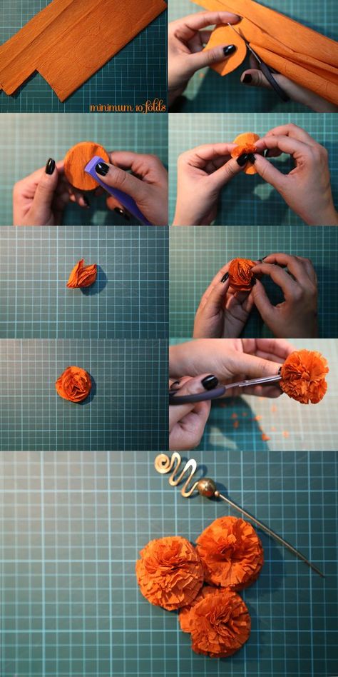 Paper Marigolds, Indian Marigold, Indian Diy, Day Of The Dead Diy, Dia De Los Muertos Decorations Ideas, Săpunuri Handmade, Paper Decoration, Diy Diwali Decorations, Mehndi Decor