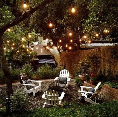 Backyard Makeover - love the idea to put lights in the trees so the kids could have a good night reading and family time! Backyard String Lights, Backyard Seating, Backyard Lighting, Have Inspiration, Backyard Fire, Backyard Makeover, Patio Lighting, Garden Seating, Solar Lights Garden