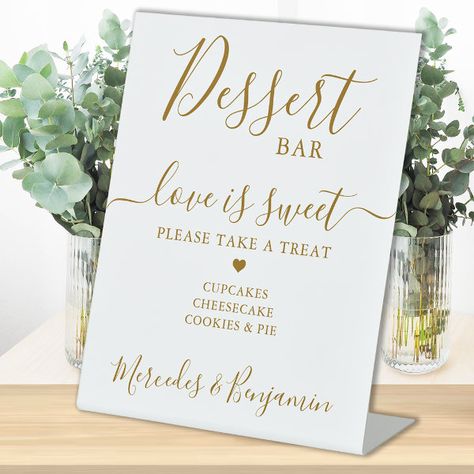 Love Sweet Personalized Gold Wedding Dessert Bar Pedestal Sign Wedding Dessert Bar, Bridal Shower Desserts Table, Dessert Display Wedding, Gold Reception, Favors Table, Dessert Table Sign, Bridal Shower Desserts, Gold Dessert, Modern Chic Wedding