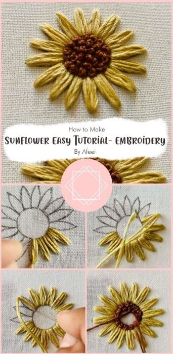 Beautiful Sunflower Embroidery Tutorial Free Ideas - Carolinamontoni.com Sunflower Thread Embroidery, Embroidery Flowers Diy, Sunflower Pattern Embroidery, Embroidered Sunflowers Patterns, Sunflower Stitch Embroidery, How To Flower Embroidery, Hand Embroidered Sunflowers, Sun Flower Embroidery Easy, Small Sunflower Embroidery