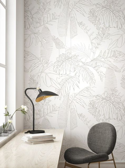 Hand Drawn Jungle Leaves Grey Peel and Stick Wall Mural - Etsy India Peel And Stick Mural, Jungle Leaves, Art Tropical, Leaf Wallpaper, Simple Shapes, Tropical Leaves, Wall Spaces, On Vacation, Wall Mural