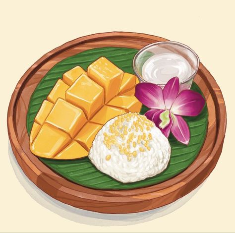 Desserts Drawing, Food Art Painting, Khmer Food, Mango Sticky Rice, Festival Logo, Thailand Food, Amazing Food Art, Food Cartoon, Doodle Art Journals