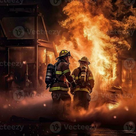 Firefighter in foreground with burning buildings in background. safety fire fighter team,department Fireman in special heat resistant protection suit. Generative AI illustration. Burnt House, Suit Illustration, Fire Fighter, Firefighter, Heat Resistant, Heat, Building, Quick Saves