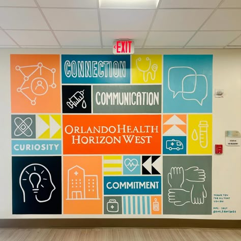 New mural for all the healthcare heroes over at @orlandohealth Horizon West, thank you for all that you do! 🧡🏩 Corporate Mural, Office Interior Design Creative Wall, Hall Wall Decor Ideas, Office Staircase Design, Hostel Room Design, Office Wall Branding, School Wall Graphics, Office Mural Design, School Wall Design