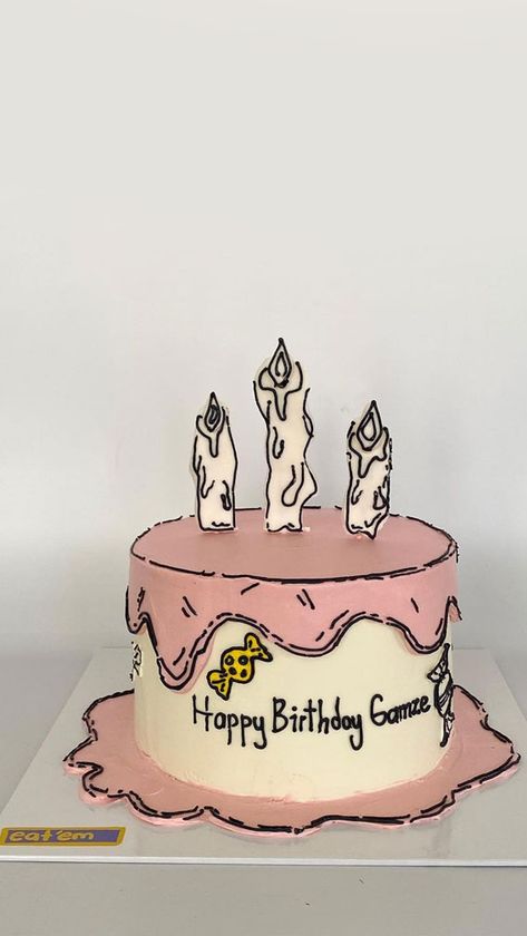 Simple Cartoon Cake Designs, Birthday Cake Music Theme, Comic Cake Design, Comic Cake Ideas, Cartoon Cake Design, Comic Book Cake, Cake Outline, Melted Candles, 2d Cake