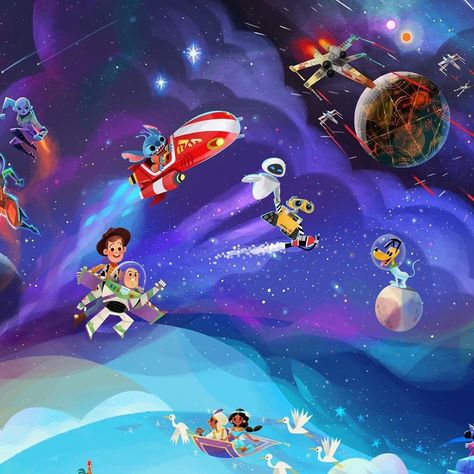 Joey Chou "Disney Team of Heroes" Galaxy Mural Galaxy Mural, Disney Style Drawing, Disney Mural, Joey Chou, Disney Art Style, Disney Illustration, Disney Crossover, Illustration Art Kids, Disney Paintings