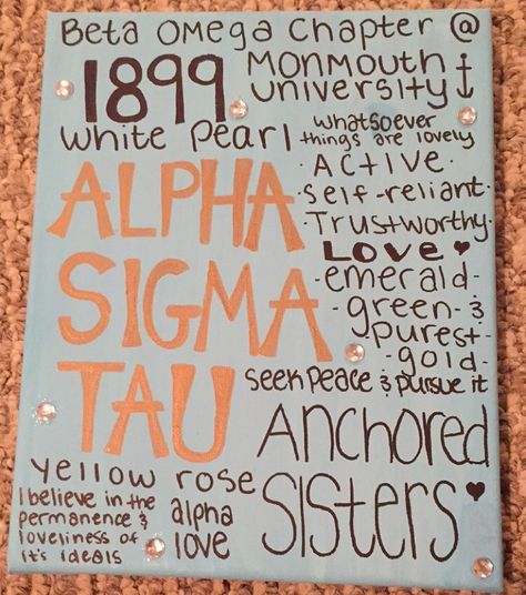 Here's one of my crafts (that I had so much fun making btw) for my sorority, AΣΤ! It's simply just a canvas painted blue and I wrote all over w black and gold sharpie! I loved personalizing it for my chapter too! Hope to see some inspired looks!! Alpha Sigma Tau Canvas, Sorority Activities, Gold Sharpie, Big Lil, Alpha Sigma Tau, Alpha Sigma, Delta Zeta, Sorority Life, Big Little