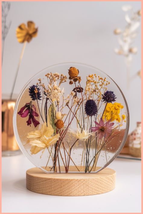 Pressed flowers encased in a clear circular resin with a wooden base, displayed on a white surface. Resin Simple Ideas, Simple Resin Ideas, Simple Resin Art Ideas, Diy Resin Gift Ideas, Resin Art With Flowers, Dried Flower Art Diy, Resin Art Ideas Projects, Apoxie Resin Ideas, Dried Flowers Ideas Diy