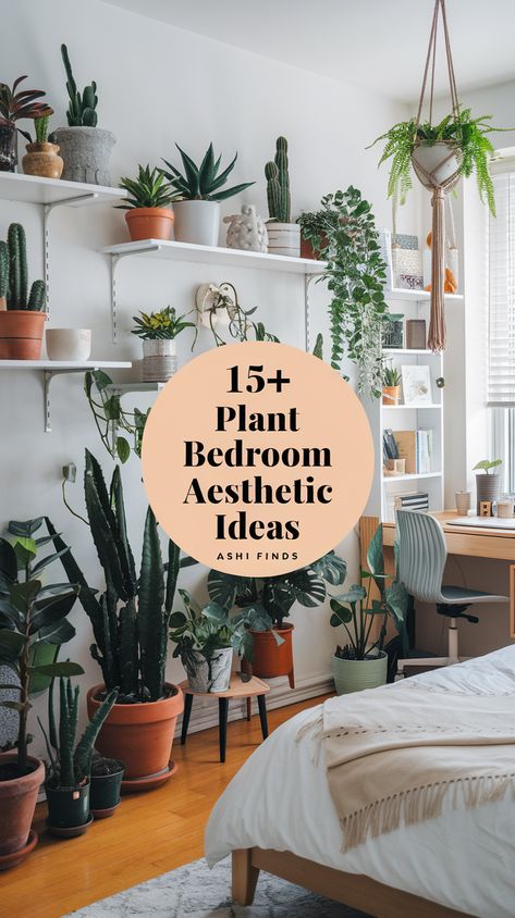 plant bedroom aesthetic Where To Put Plants In Bedroom, Bedroom Houseplants Decor, Small Plant Room, Plant Corner Bedroom, Plant Nursery Aesthetic, Plant Wall Bedroom, Green Academia Bedroom, Bedroom With Plants Aesthetic, Garden Bedroom Aesthetic