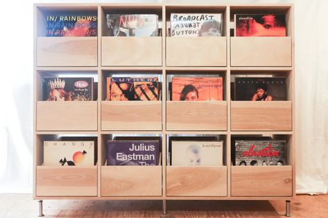 Storing your records: (Non-Ikea) solutions for housing vinyl via shelves, boxes and units | In Sheeps Clothing Ikea Kallax Shelving, Record Storage Cabinet, Kallax Shelving Unit, Dj Room, Record Shelf, Vinyl House, Record Cabinet, Vinyl Record Storage, Vinyl Storage