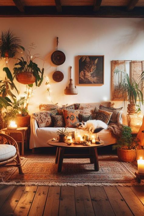 Hippy Living Room, Boho Music Room, Rustic Bohemian Living Room, Sofas Vintage, Vibrant Living Room, Cozy Spaces, Beige Sofa, Read A Book, Apartment Decor Inspiration