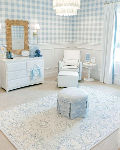 Ariel Okin Nursery, Grandmillenial Nursery Ideas, Chair Rail In Nursery, Blue White And Gold Nursery, Light Blue And Pink Nursery, Baby Girl Nursery Grand Millenial, Seersucker Nursery, Blue And White Nursery Boy, Preppy Nursery Girl