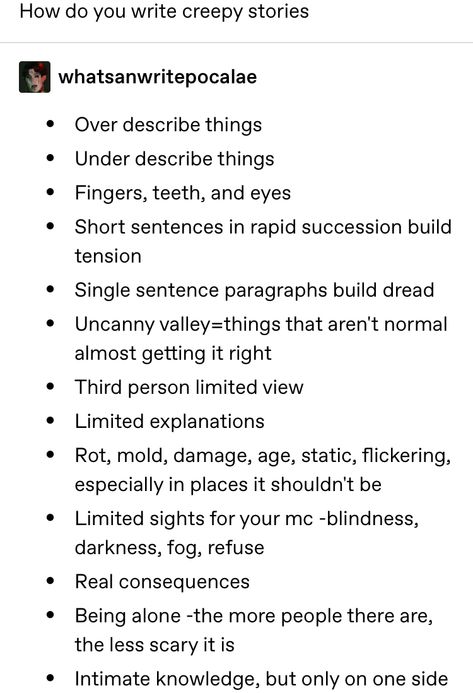 Paranormal Writing Tips, How To Write Creepy Characters, Writing Tips For Sick Characters, Writing Psychopaths, Types Of Screams Writing, Problems For Stories, Writing Prompts Creepy, Horror Writing Inspiration, How To Write An Apocalypse Story