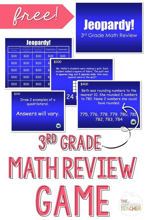 Math Review Jeopardy PowerPoint Game- Love this review game for 3rd grade! and it's free! Eqao Grade 3 Prep, 3rd Grade Math Review, Homeschool Budget, Map Testing, Substitute Binder, Jeopardy Template, Math Review Game, Third Grade Classroom, State Testing