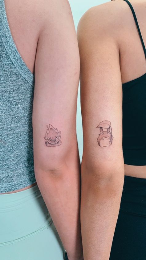 Anime Sister Tattoos, Best Friend Anime Tattoos, Matching Ghibli Tattoos, Studio Ghibli Matching Tattoo, Matching Studio Ghibli Tattoos, Matching Anime Tattoos, Tattoo Best Friends, Calcifer Tattoo, Tats With Meaning