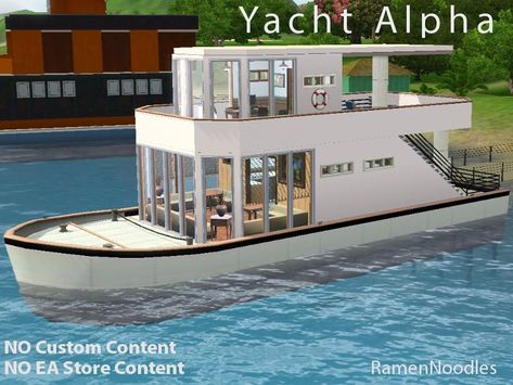 RamenNoodles' Yacht Alpha (A Houseboat) Family Sims 4 House, Family Sims 4, Small Houseboats, Houseboat Living, Sims 4 House Ideas, Ts3 Cc, Sims 4 House Plans, Sims Inspiration, Sims 4 House Design