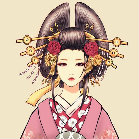 ArtStation - Japanese girl in kimono, Kotchi Yuuki Oiran Kimono Anime, Oiran Hairstyle, Oiran Anime, Oiran Kimono, Japanese Crown, Japan Ad, Japanese Traditional Clothing, Geisha Art, Japanese Geisha