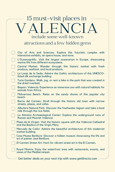 Unlock the 15 Must-Visit Places in the Heart of Valencia. Save it for your next trip to Valencia, Spain. More information on the link⬆️ #TravelValencia #BucketListValencia Valencia attractions | Valencia activities | Spain travel | things to do in Spain | Spain attractions | Valencia museums | Valencia things to do Spain Travel Valencia, Valencia Bucket List, Spain Things To Do, Valencia Things To Do, Places To Go In Spain, Valencia Photo Ideas, Spain Activities, Valencia Spain Aesthetic, Valencia Outfit