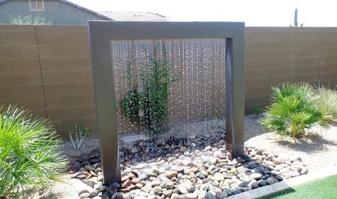 Contemporary waterfall rain shower in backyard Water Fountain For Home, Backyard Waterfall, Landscaping With Fountains, Outdoor Wall Fountains, Diy Water Feature, Outdoor Water Features, Fountains Backyard, Indoor Water Fountains, Indoor Waterfall