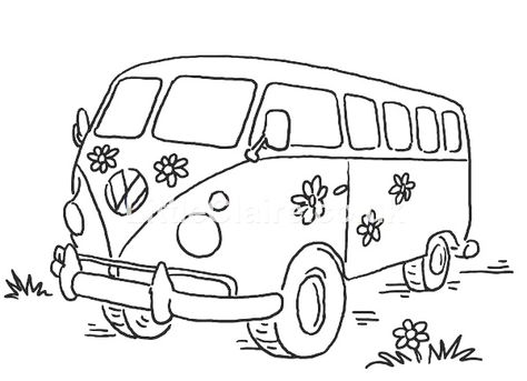 Van Cartoon, Van Drawing, Car Coloring Pages, Camper Art, Vw Art, Cars Coloring Pages, Cartoon Sketches, Digi Stamps, Vw Camper