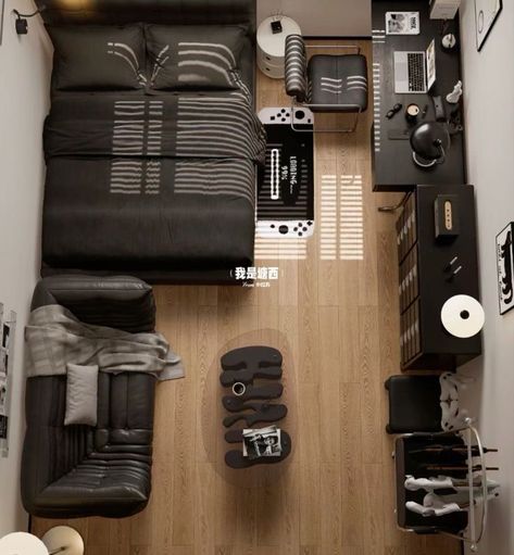 Small Room Decor Men, Dark Bed Design, Men Dark Room Aesthetic, Dark Gaming Bedroom, Mens Dark Bedroom Ideas, Black Room For Men, Room Ideas For Men Bedroom Black, Decor For Mens Bedroom, Black Studio Apartment Ideas