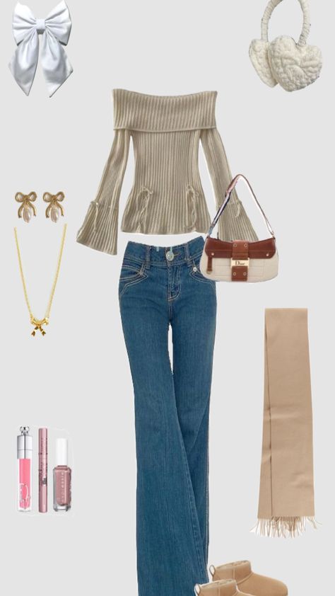 Winter outfit, off shoulder, long sleeve, straight leg jeans, bootcut jeans, bow earrings, bow necklace, white gloves, sky high mascara, dior lipgloss, that girl Winter Outfit Ideas Cold, Outfit Ideas Cold, Winter Outfit Aesthetic, Clean Girl Outfit, Outfit Inspo Winter, Cute Winter Outfit, Aesthetic Clean Girl, Cold Outfit, Winter Outfits Aesthetic