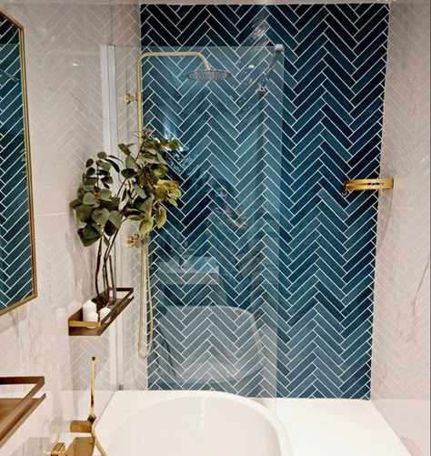 Turquoise And White Bathroom, French Art Deco Bathroom, Blue Chevron Tile Bathroom, Blue Bathroom Gold Fixtures, Blue Zellige Tile Bathroom, Blue Gold Bathroom, Turquoise Bathroom Tiles, White And Blue Bathroom, Blue White Bathroom