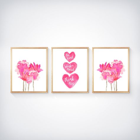 Tween Inspirational Wall Decor, Set of 3 Flowers and Heart Prints Hot Pink Wall Decor, Pink Folder, Pink And Gold Wall, Hot Pink Bedrooms, College Living Room, Hot Pink Wall Art, Pink Baby Nursery, Pink Nursery Art, Apartment Room Ideas