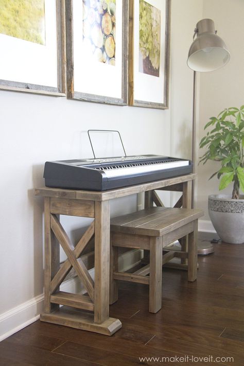 DIY Digital Piano Stand and Bench (...a $25 project!!) | via makeit-loveit.com Digital Piano Stand, Piano Stand, Kids Woodworking Projects, Diy Bank, Kitchen Ikea, Woodworking Bed, Woodworking Projects For Kids, Woodworking Workbench, Diy Bench