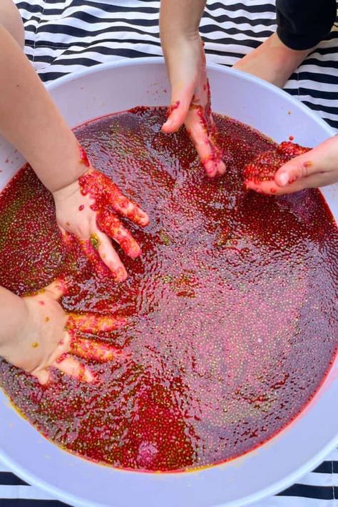 Two children’s hands mix and swirl the chia pudding in a shallow bin, their fingers coated in the colorful, gel-like mixture. The chia pudding sensory bin shows a mix of red and yellow colors blending, creating a captivating experience for toddlers and preschoolers. White Chia Seeds, Coloring Posters, Sensory Art, Sensory Table, Toddlers And Preschoolers, Sensory Bin, Let The Fun Begin, Tiny Hand, Chia Pudding