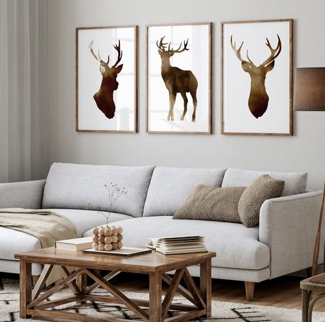 Deer On Wall Decor, Deer Head Decor Living Room Farmhouse, Deer Rug Living Room, Deer On Wall Living Room, Deer On Wall, Photo Wall Collage With Deer Head, Hunting Decor Living Room, Deer Mounts In Living Room Farmhouse Sculptures & Statues, Deer Art Print