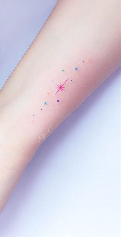 Blue Sparkle Tattoo, Pastel Star Tattoo, Sparkle Tattoo Color, Rainbow Stars Tattoo, Rainbow Dots Tattoo, Colorful Stars Tattoo, Colorful Sparkle Tattoo, Colorful Star Tattoos, Sparkle Finger Tattoo