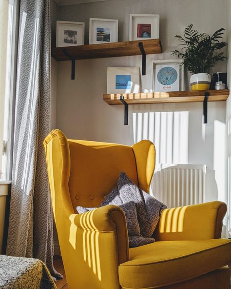 Yellow Reading Chair, Yellow Chair Bedroom, Yellow Armchair Living Room, Ikea Yellow Chair, Home Office Yellow, Yellow Accent Chairs, Yellow Armchair, Armchair Bedroom, Yellow Furniture