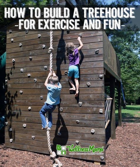 Our homemade treehouse that is great for exercise and creative play in kids with monkey bars, a climbing wall, a rope, a slide, zip line and slack line. Patio Chico, Simple Tree House, Kids Tree, Tree House Ideas, Treehouse Ideas, Building A Treehouse, Tree House Plans, Tree Fort, Tree House Diy