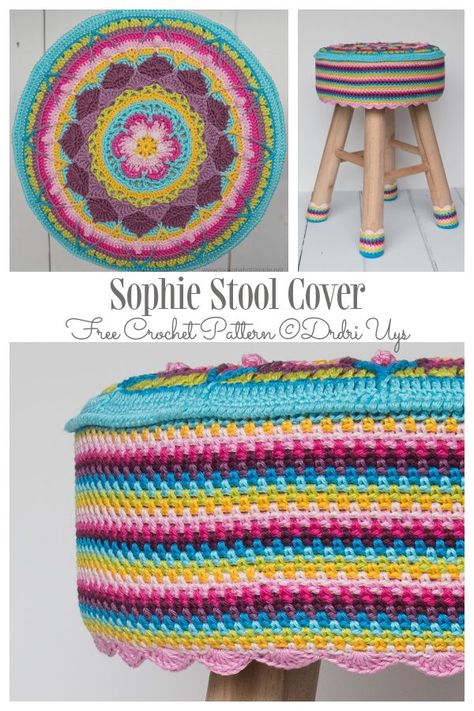 Sophie Stool Cover Free Crochet Patterns Crochet Footstool Cover, Crochet Stool Cover Pattern Free, Crochet Footstool, Crochet Stool Cover, Stool Cover Crochet, Crochet Interior, Crochet Cushion Cover, Stool Covers, Diy Magazine