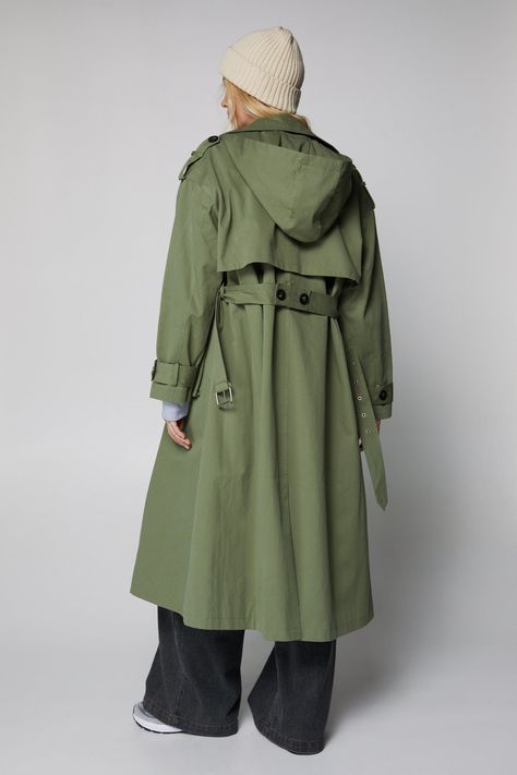 Premium Hooded Trench Coat | Nasty Gal Green Hooded Raincoat With Drawstring, Womens Green Coat, Green Double-lined Hooded Raincoat For Fall, Khaki Utility Outerwear With Double-lined Hood, Casual Raincoat With Double-lined Hood, Urban Raincoat With Double-lined Hood And Long Sleeves, Hooded Trench Coat, Green Coat, Long A Line