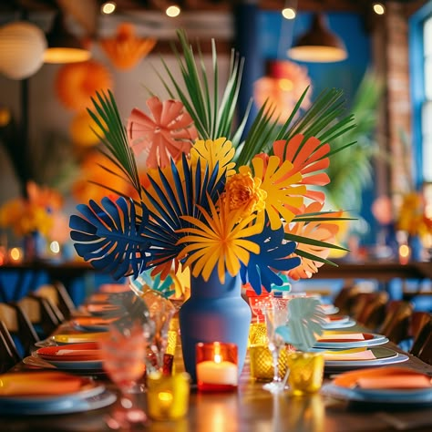 Colorful Paper Florals Tropical Centerpieces Ideas Tropical Centerpiece Ideas, Hawaiian Centerpiece Ideas, Summer Party Centerpieces, Luau Centerpieces, Tropical Decorations, Tropical Centerpieces, Sunset Party, Theme Carnaval, Carnival Themed Party