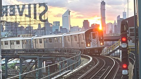 No. 7 Subway Train on elevated track in New York City.  #NYCSubway Nyc Subway Aesthetic, Chicago Wallpaper, Mta Subway, Writing Reference, Train Wallpaper, Astoria Queens, New York City Subway, Graffiti Artists, Queens Nyc