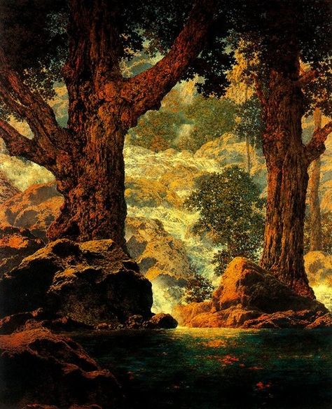 Maxfield Parrish (Am. 1873-1966), Cascades or Quiet Solitude, 1960 Art Mini Toile, American Painters, Maxfield Parrish, Scenery Nature, Textured Canvas Art, Mini Canvas Art, Graphic Arts, Beautiful Scenery, Tree Art