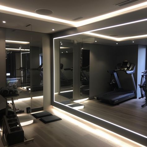 Modern Home Gym, Home Gym Mirrors, Luxury Home Gym, Dream Home Gym, Small Home Gym, Gym Design Interior, Luxury Gym, House Gym, Kids Basement Ideas