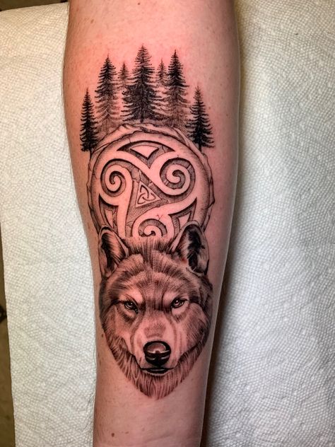 Wolf portrait with viking nordic symbols and forest silhouette single needle west coast black and grey male forearm tattoo Male Forearm Tattoo, Wolf Head Tattoo, Norse Wolf, Wolf Portrait, Nordic Symbols, Forest Tattoo, Forest Silhouette, Head Tattoo, Forest Tattoos