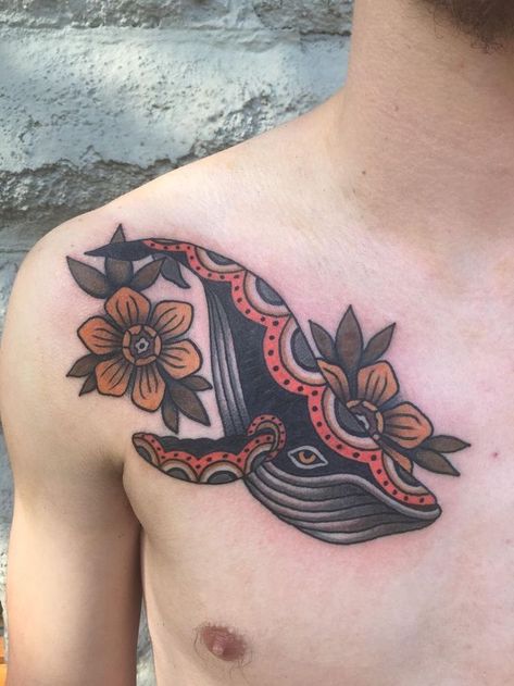 Tattoo Whale, Humpback Whale Tattoo, Ox Tattoo, Oregon Tattoo, Tato Tradisional, Whale Tattoo, Traditional Tattoo Inspiration, Oregon Grape, Traditional Style Tattoo