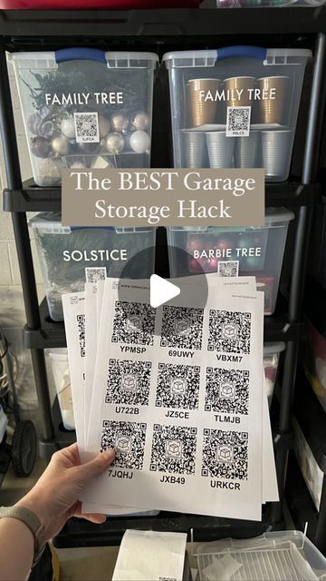 Lela Burris on Instagram: "Up your garage storage game with QR code labels. When paired with their mobile app, you can scan to find out the contents or search the app for an item to know where it is. Perfect for seasonal decor!  #organizinghacks #storagehacks #organizationhacks #organization #garageorganization #organizingideas #garagegoals" Labeling Garage Storage Bins, Qr Code Storage Labels, Qr Code Organization, Garage Bin Labels, Storage Labels Ideas, Qr Code Label, Storage Bin Labels, Basement Storage Organization, Garage Storage Bins